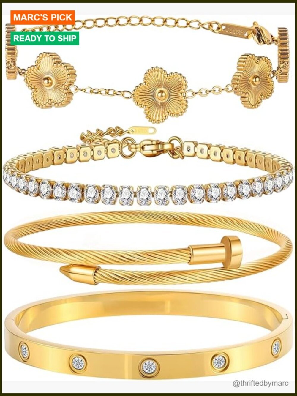 18K Gold Plated Bangle Bracelet Set Stackable Floral Adjustable Tennis Bracelet